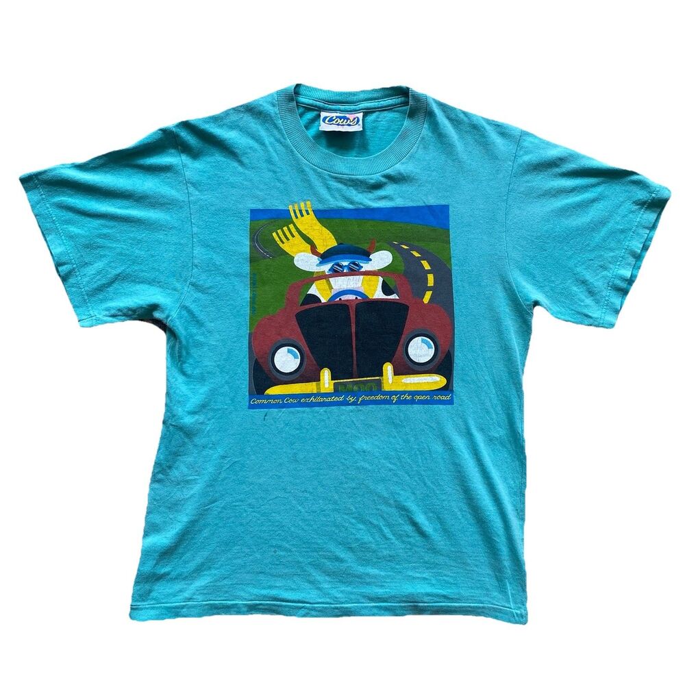 Vintage 90s Cows T Shirt Cottage Open Road Convertible Car Animal Nature Cute